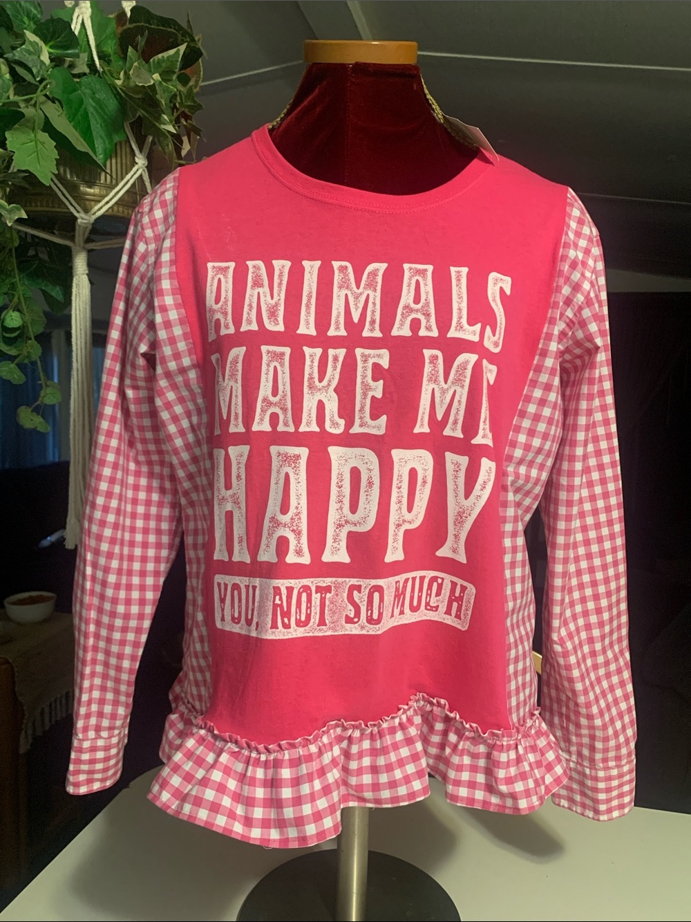 Upcycled Pink Graphic Tee converted to a Women’s Long Sleeve Shirt